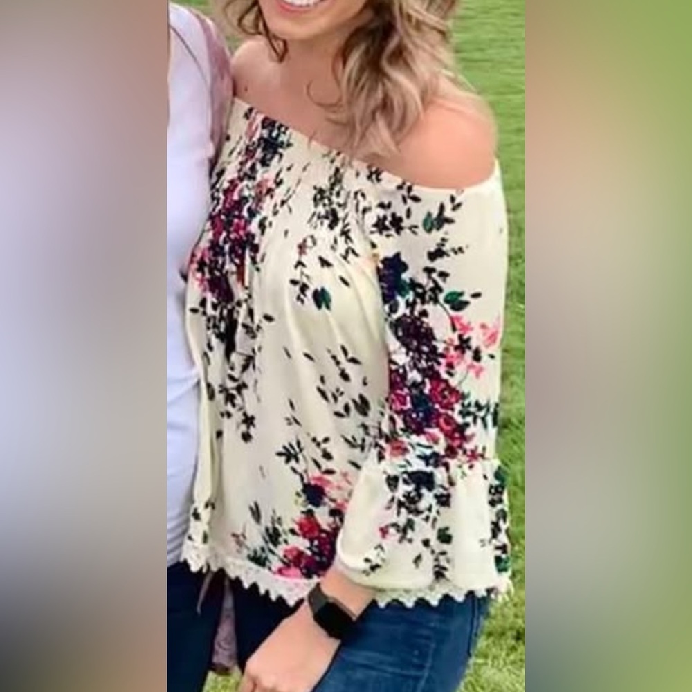 Ruffled Cream and Red Blouse with Long Sleeves